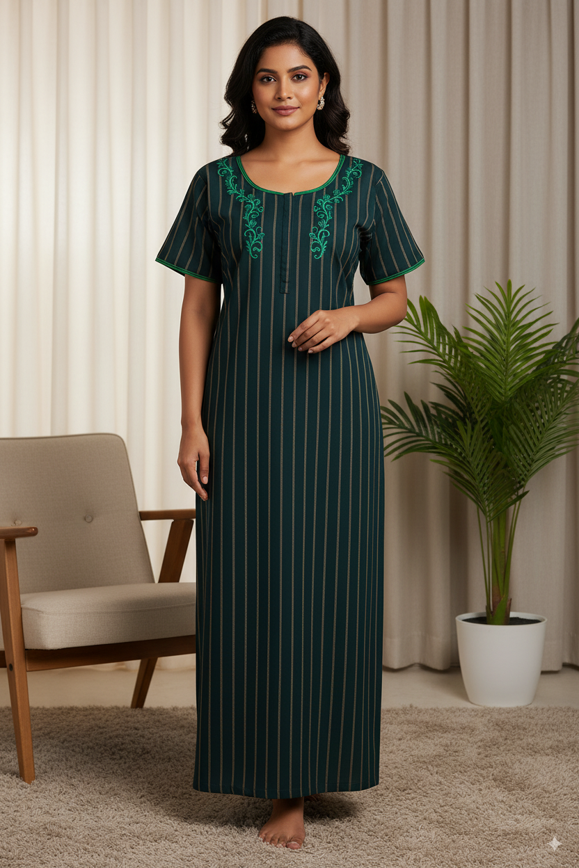 Elegant Striped Cotton Nighty with Green Embroidered Neck