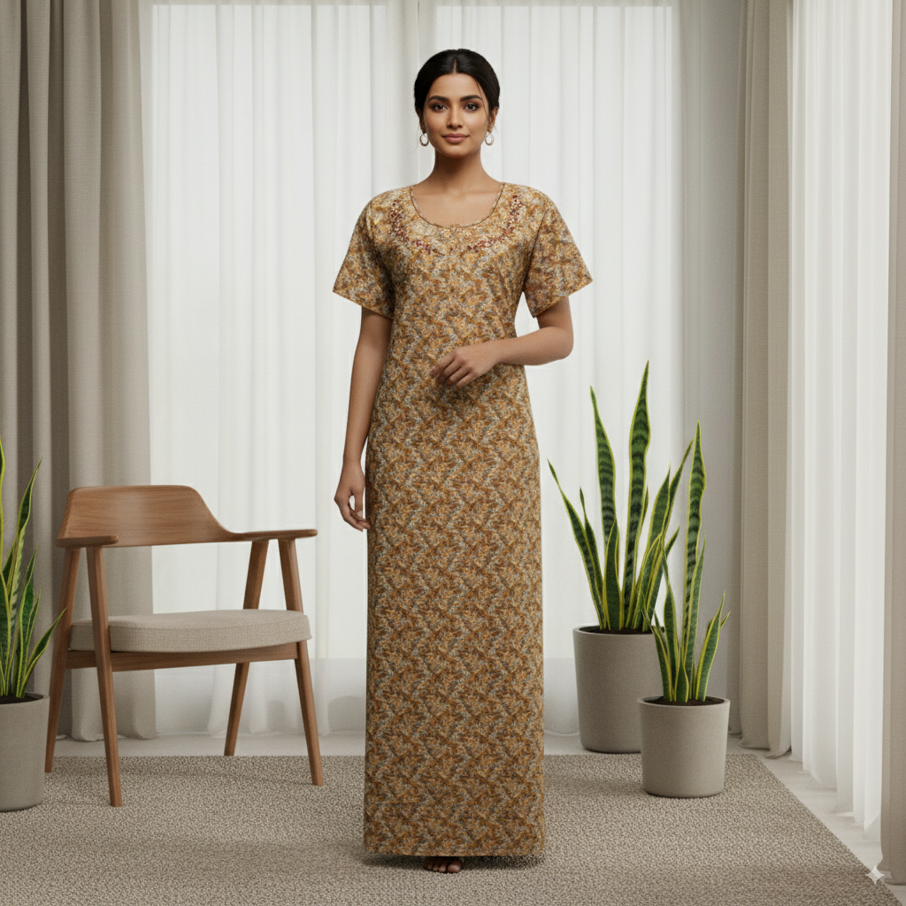 Golden Brown Printed Cotton Nighty with Embroidered Neck