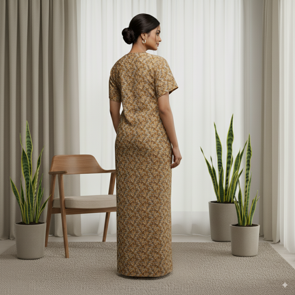 Golden Brown Printed Cotton Nighty with Embroidered Neck