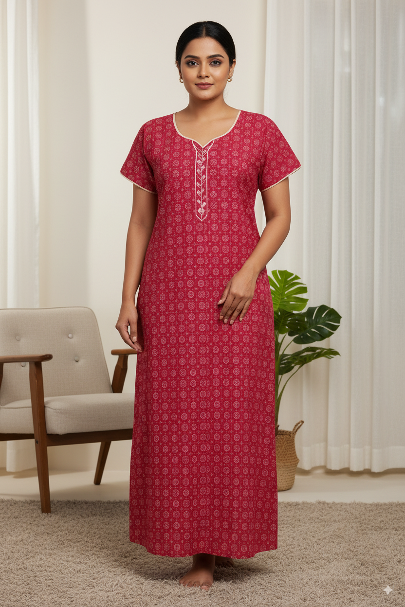 Graceful Pink Printed Cotton Nighty with Embroidered Neck