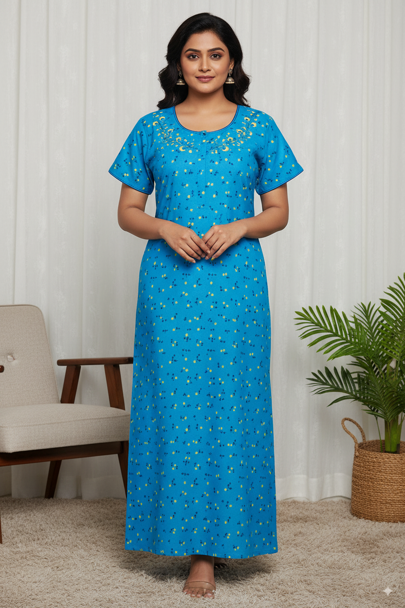 Elegant Blue Floral Printed Cotton Nighty