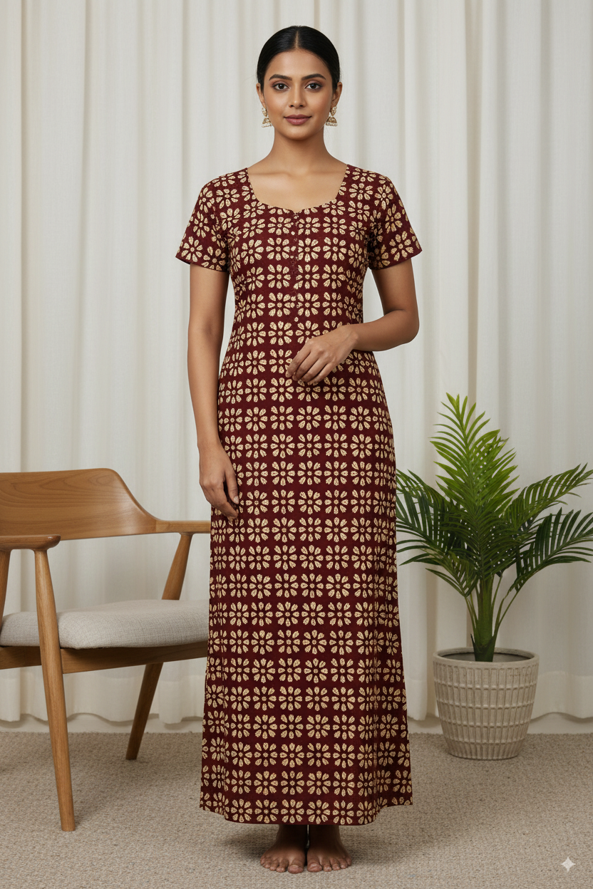 Alpine Cotton Nighty – Maroon Floral Print for Cozy Indian Evenings