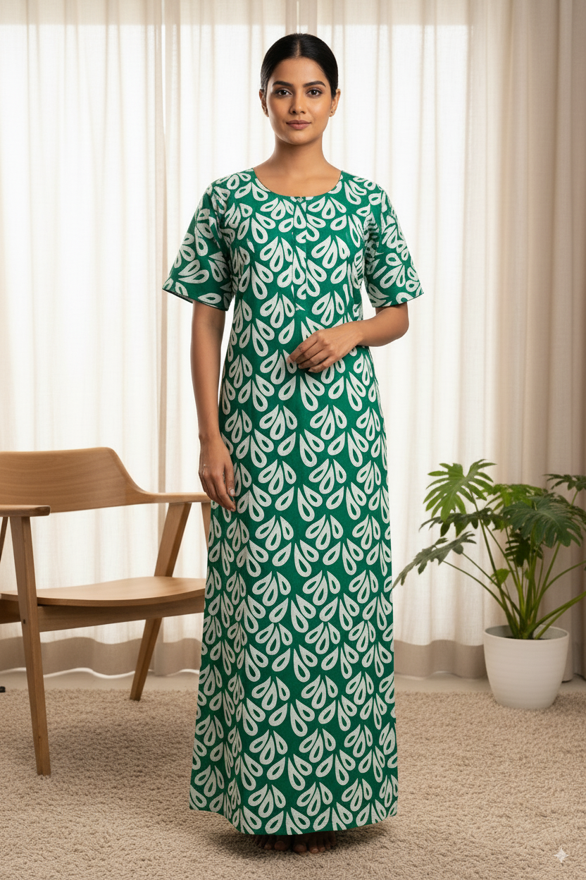 Batic Cotton Nighty – Bold Leaf Print Comfort Wear