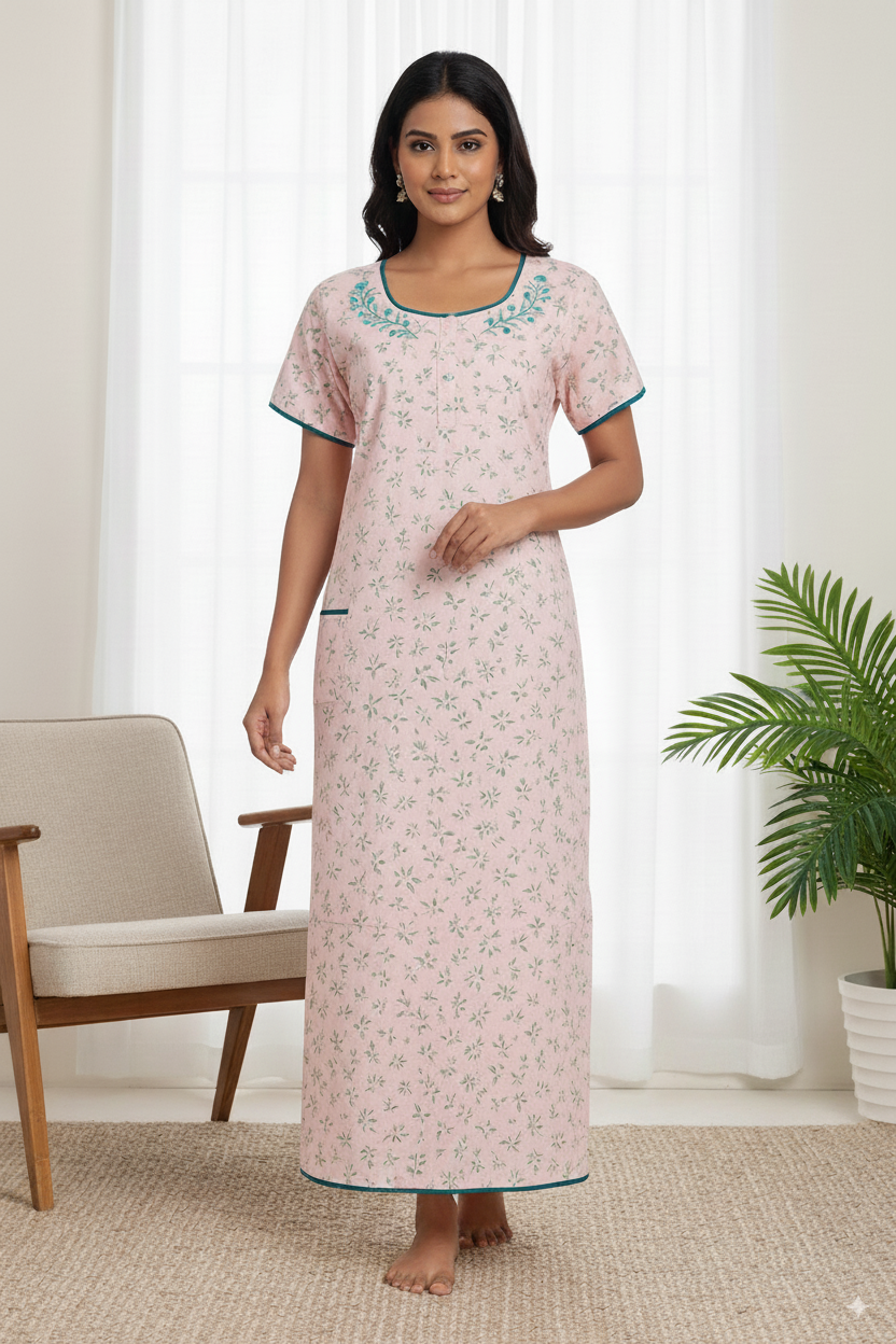 Pink Bisilizi Cotton Nighty – Soft Floral Nightwear for Indian Women