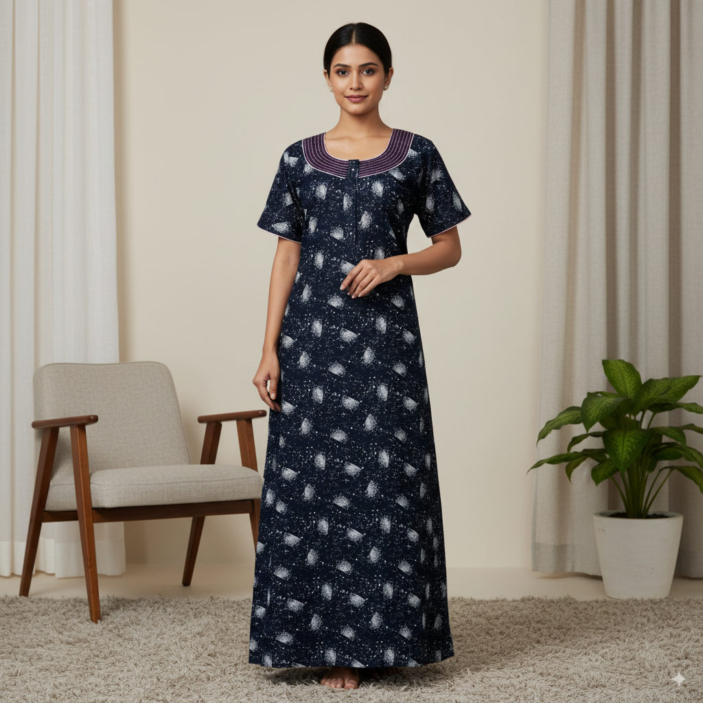 Stylish Rayon Heavy Nighty – Black with White Floral Print