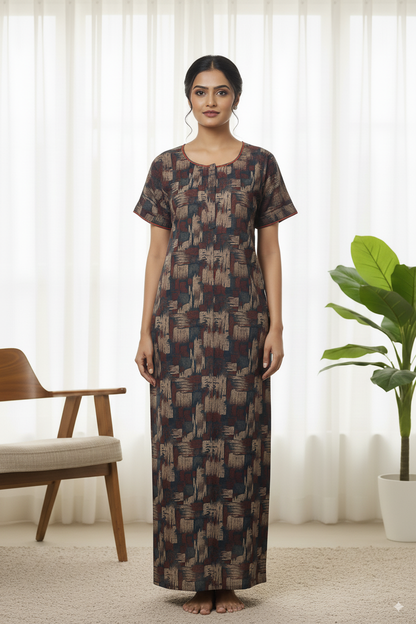 Alpine Abstract Print Silver Cotton Nighty – Soft & Stylish Sleepwear