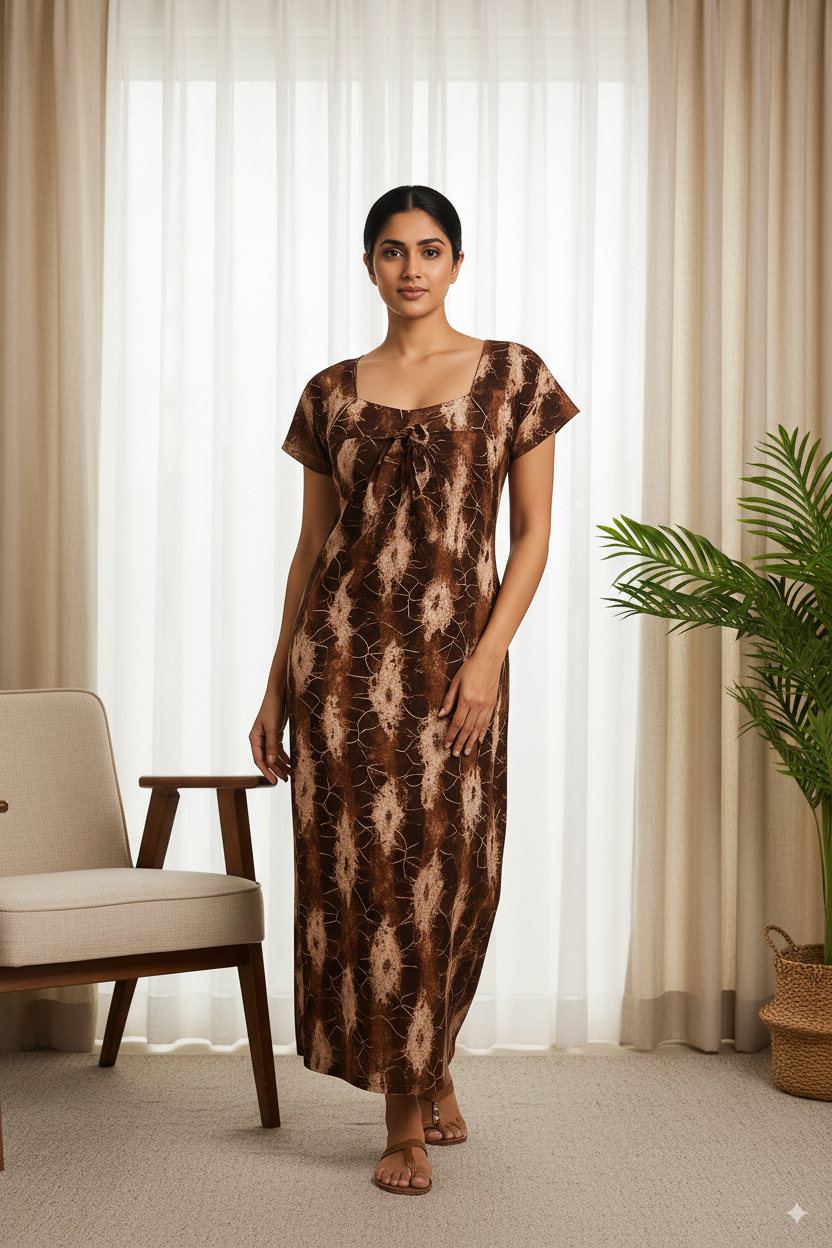 Brown Tie-Dye Silver Cotton Nighty – Stylish & Soft Nightwear