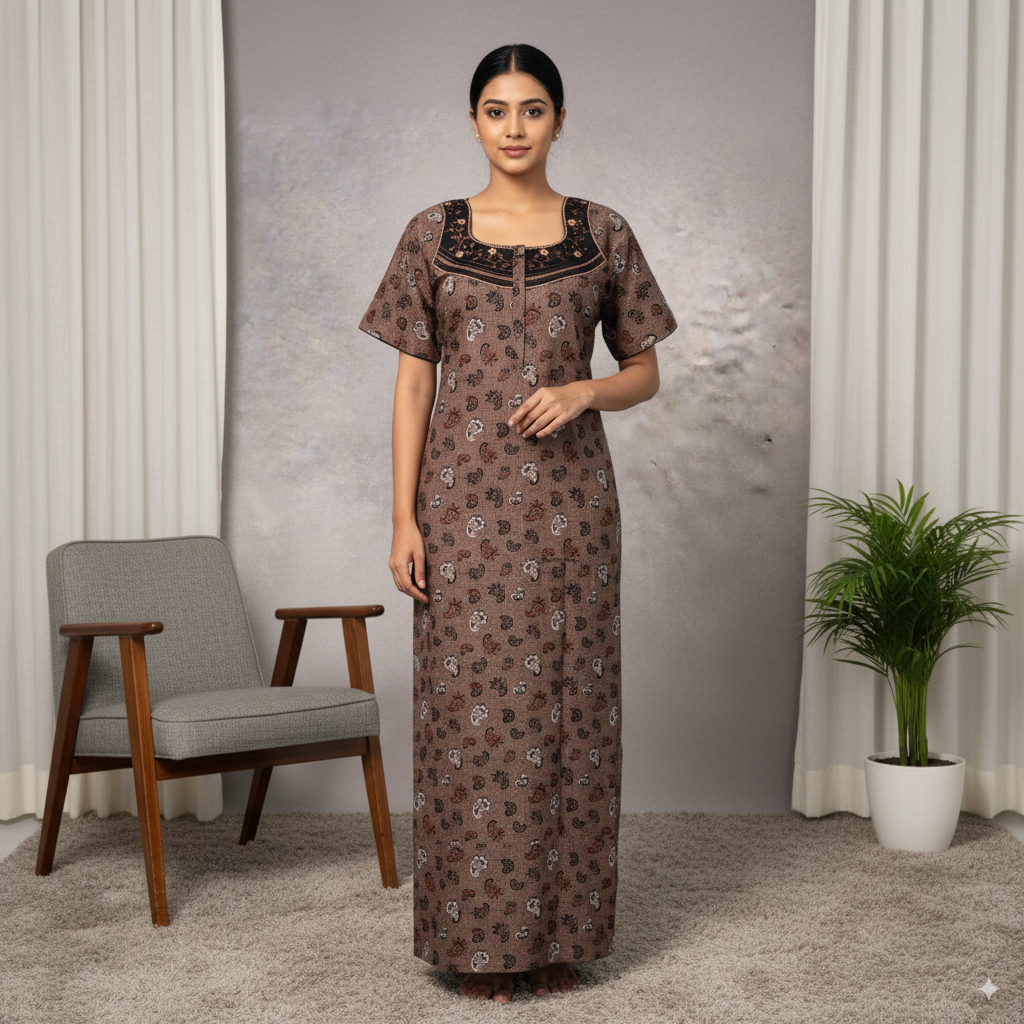 Brown Printed Cotton Nighty with Contrast Black Neck Design