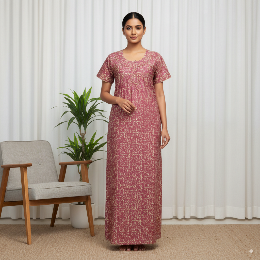 Elegant Satin Finish Printed Nighty in Pink & Gold