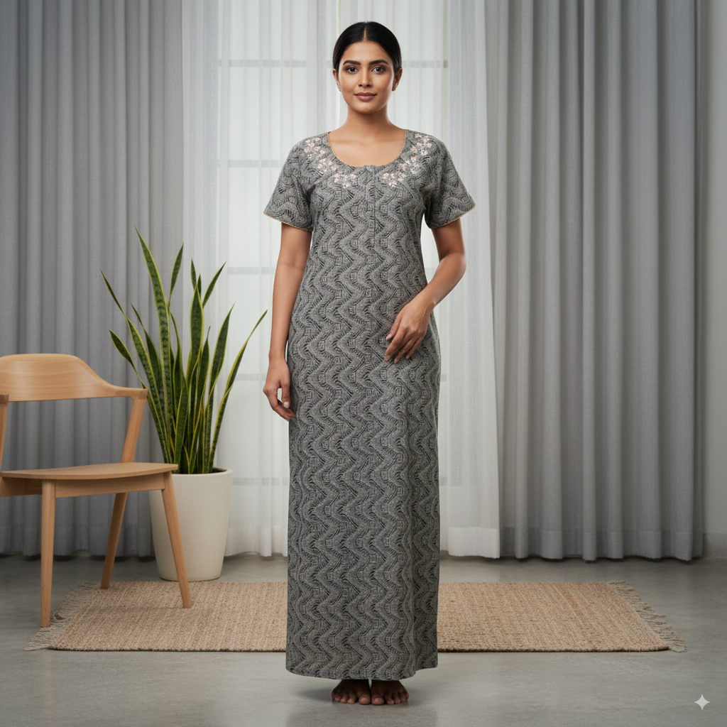 Classic Grey Printed Cotton Nighty with Floral Embroidery