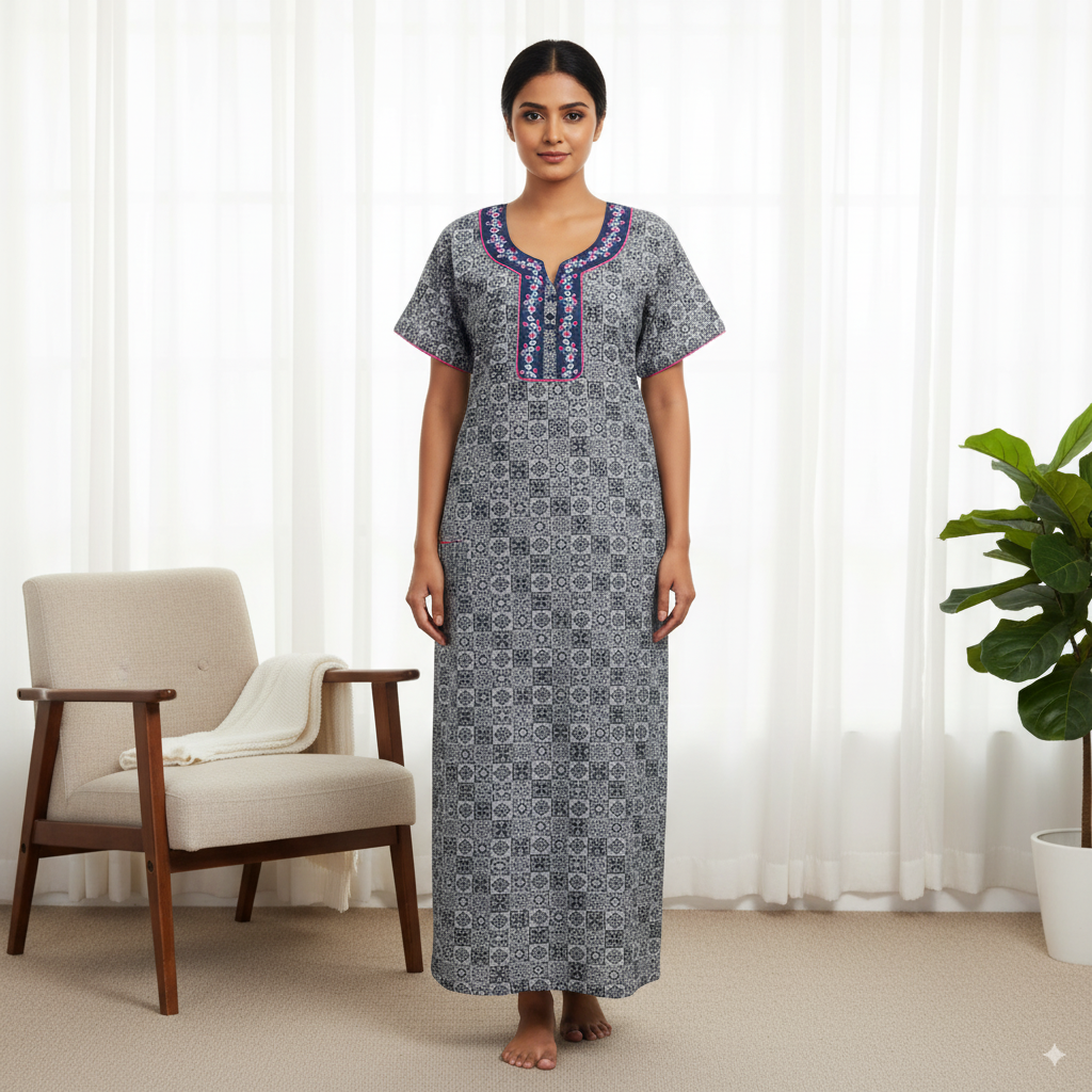 Stylish Grey Printed Cotton Nighty with Embroidered Neck
