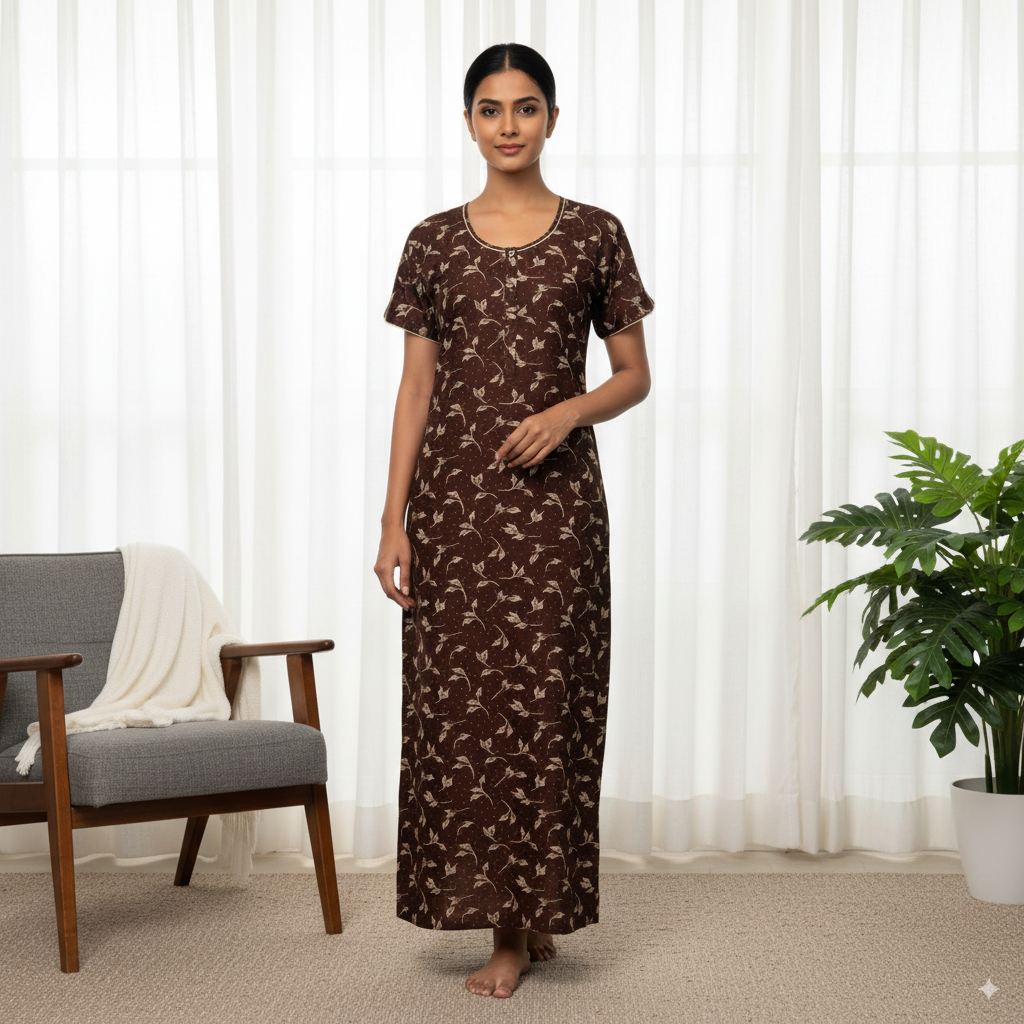 Elegant Brown Printed Cotton Nighty