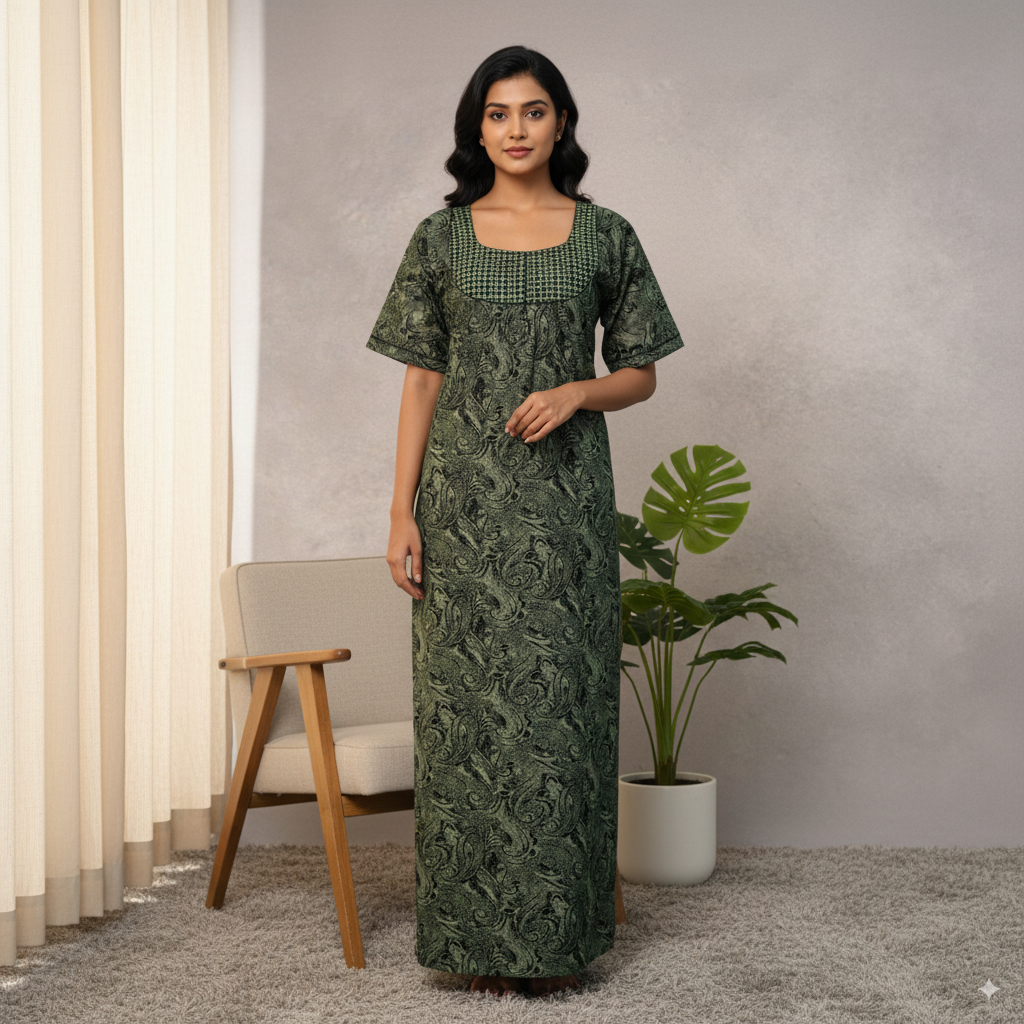 Elegant Olive Green Printed Nighty with Embroidered Neckline