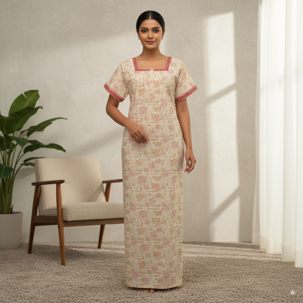 Beige Printed Cotton Nighty with Red Border Detailing