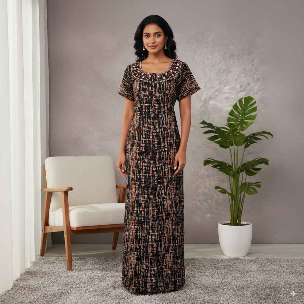 Premium Cotton Nighty – Black with Peach Abstract Print & Embroidered Neckline