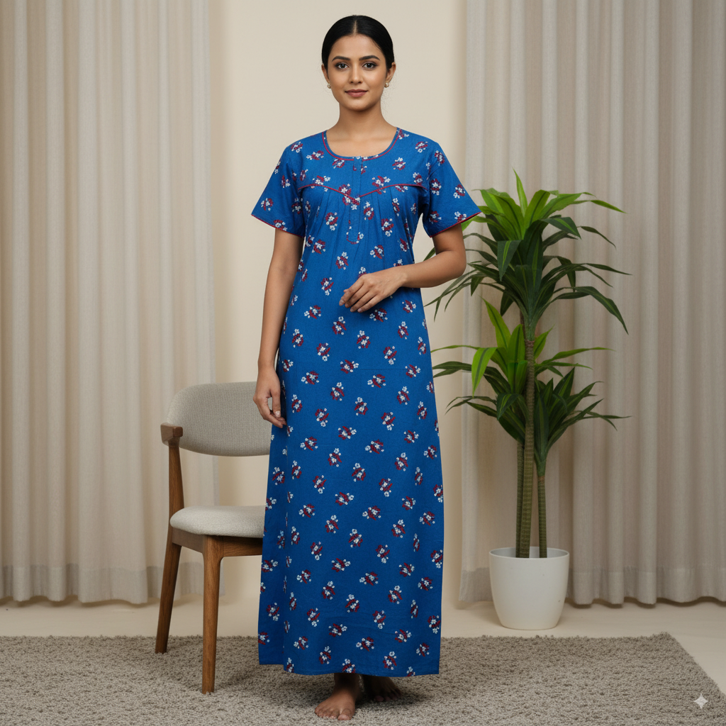 Royal Blue Floral Printed Nighty with Red Piping