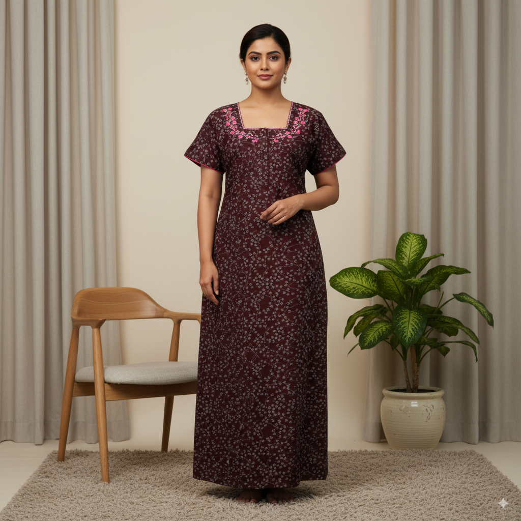 Dark Maroon Floral Nighty with Pink Embroidered Square Neck