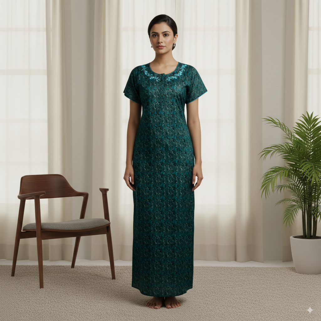Elegant Dark Teal Printed Nighty with Embroidered Neckline
