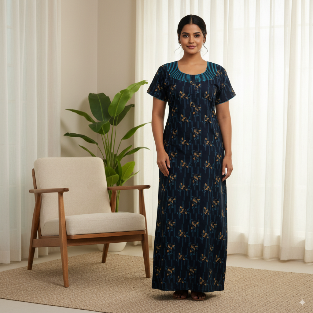 Elegant Navy Blue Floral Printed Cotton Nighty