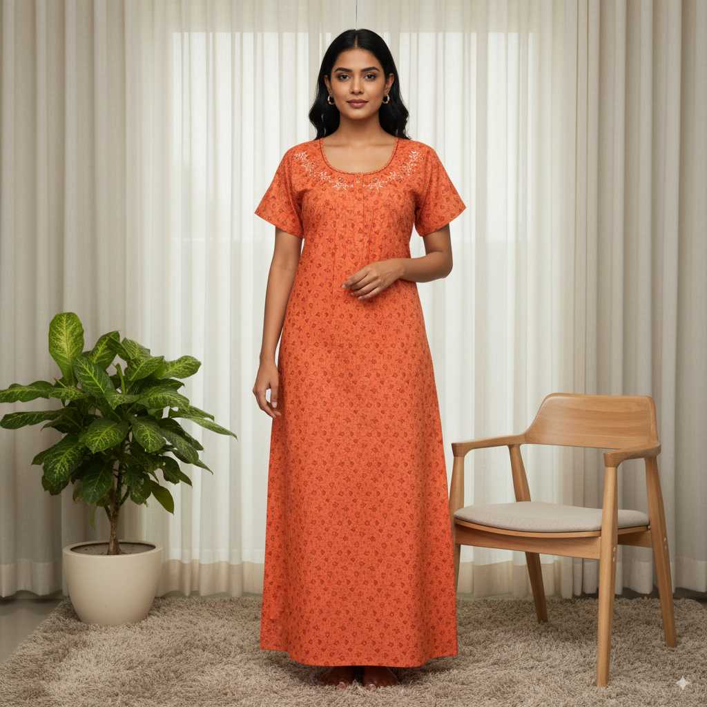 Burnt Orange Printed Cotton Nighty with Embroidered Neckline