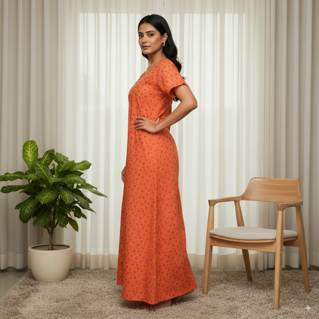 Burnt Orange Printed Cotton Nighty with Embroidered Neckline