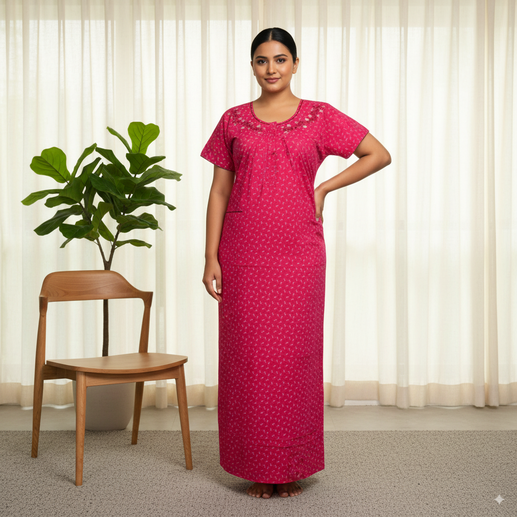 Magenta Pink Printed Nighty with Embroidered Neckline