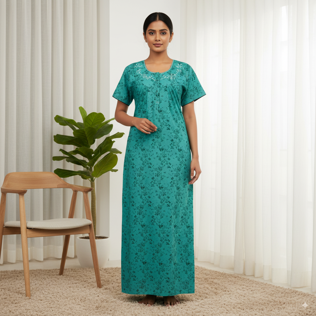 Teal Green Floral Printed Nighty with Embroidered Neckline