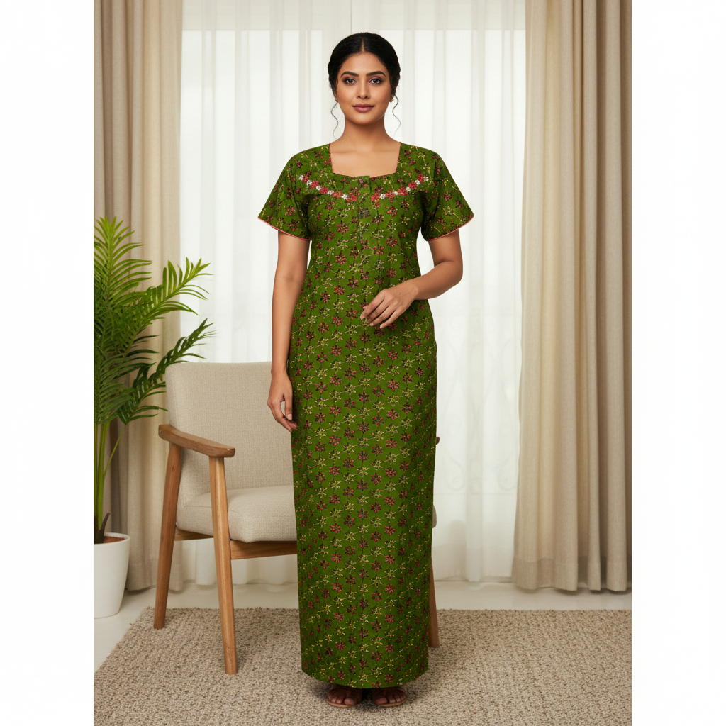 Olive Green Printed Cotton Nighty with Embroidered Neckline