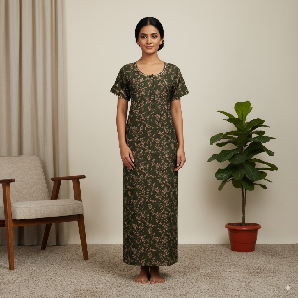 Olive Green Floral Printed Nighty with Contrast Piping