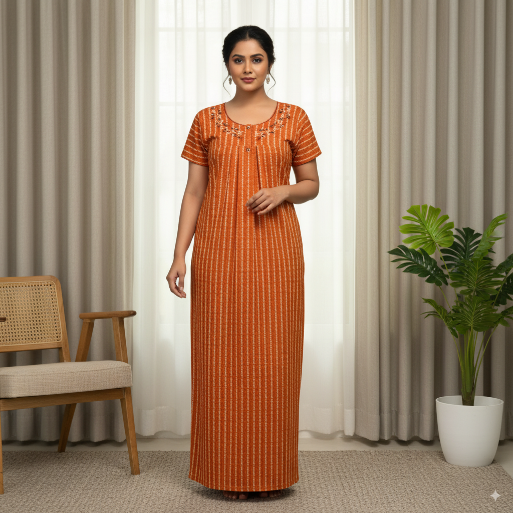 Rust Orange Striped Nighty with Embroidered Neckline