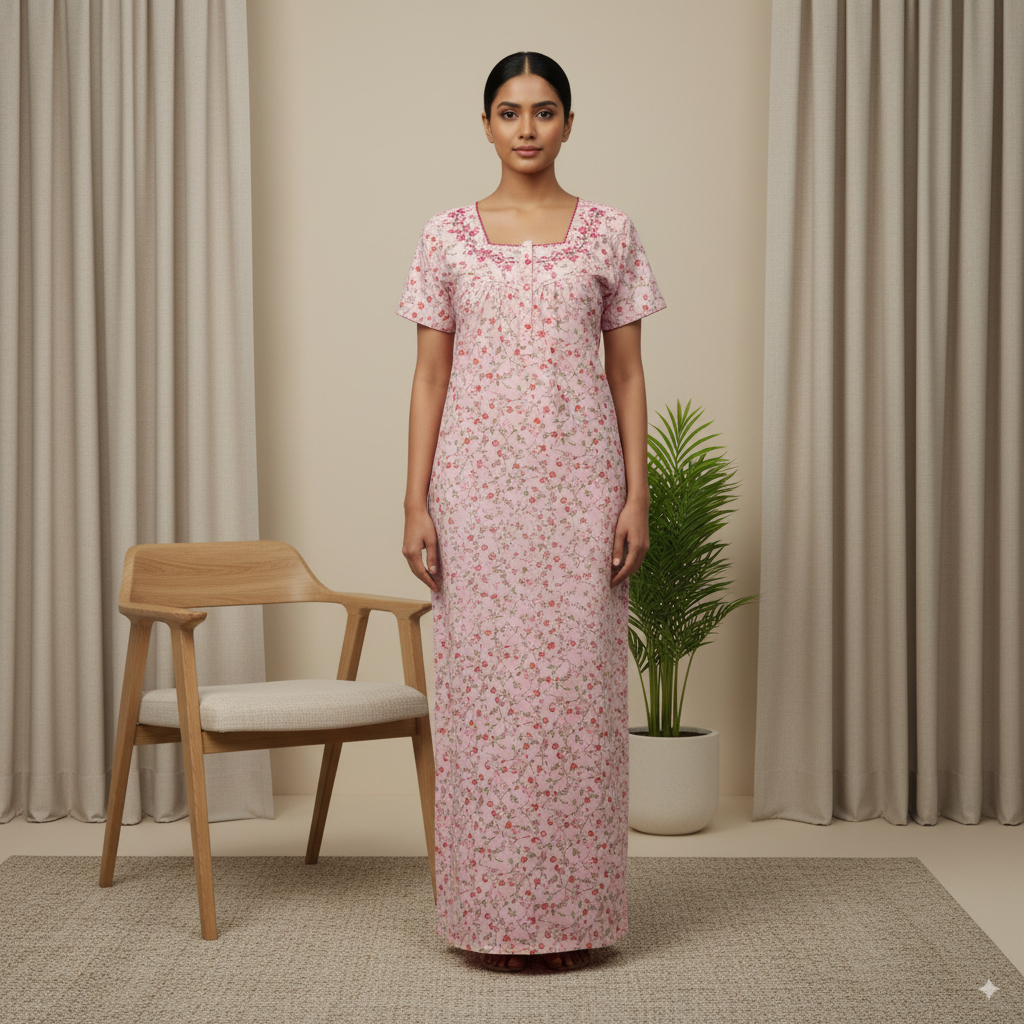 Floral Printed Pink Women’s Nighty with Embroidered Neckline