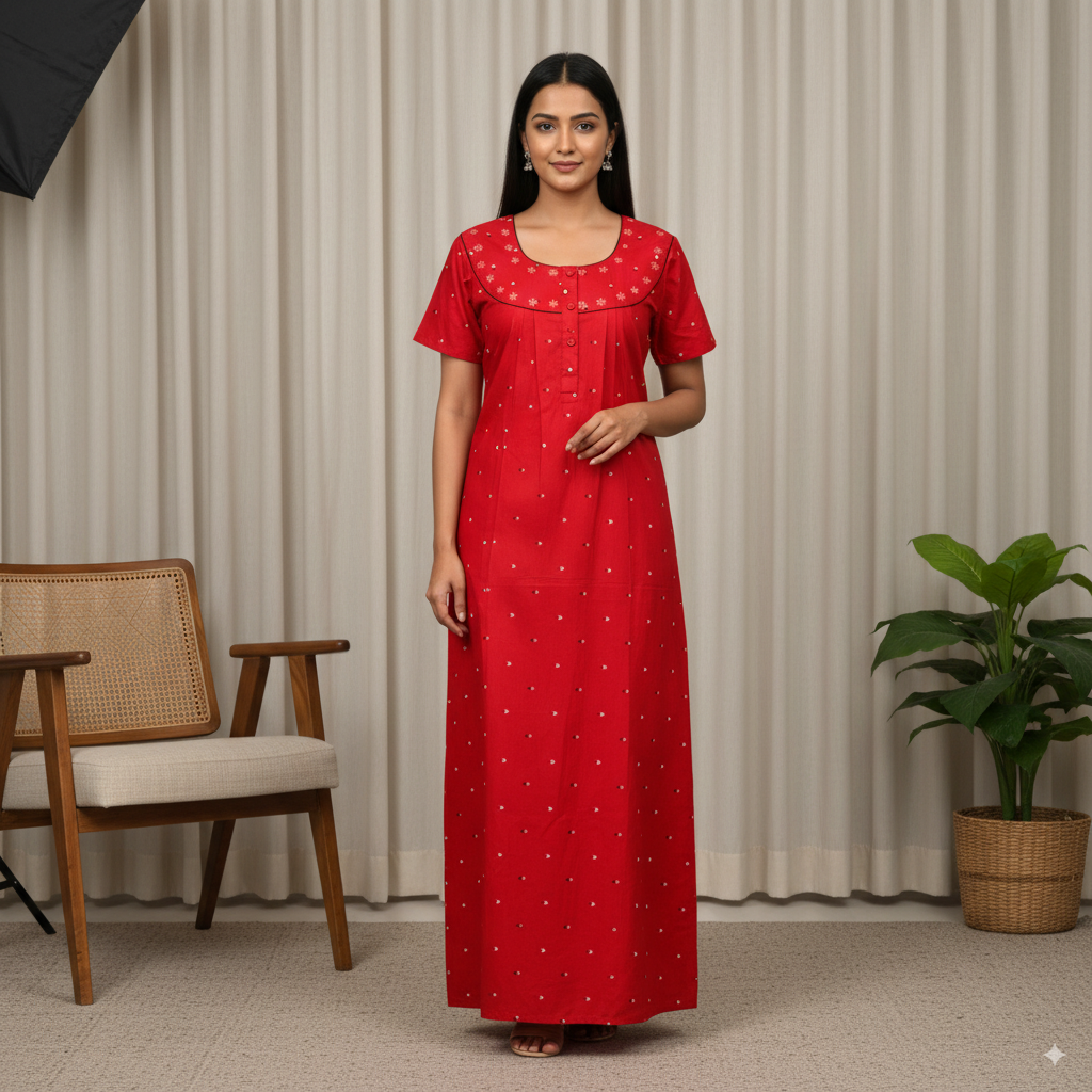 Red Floral Embroidered Cotton Nighty