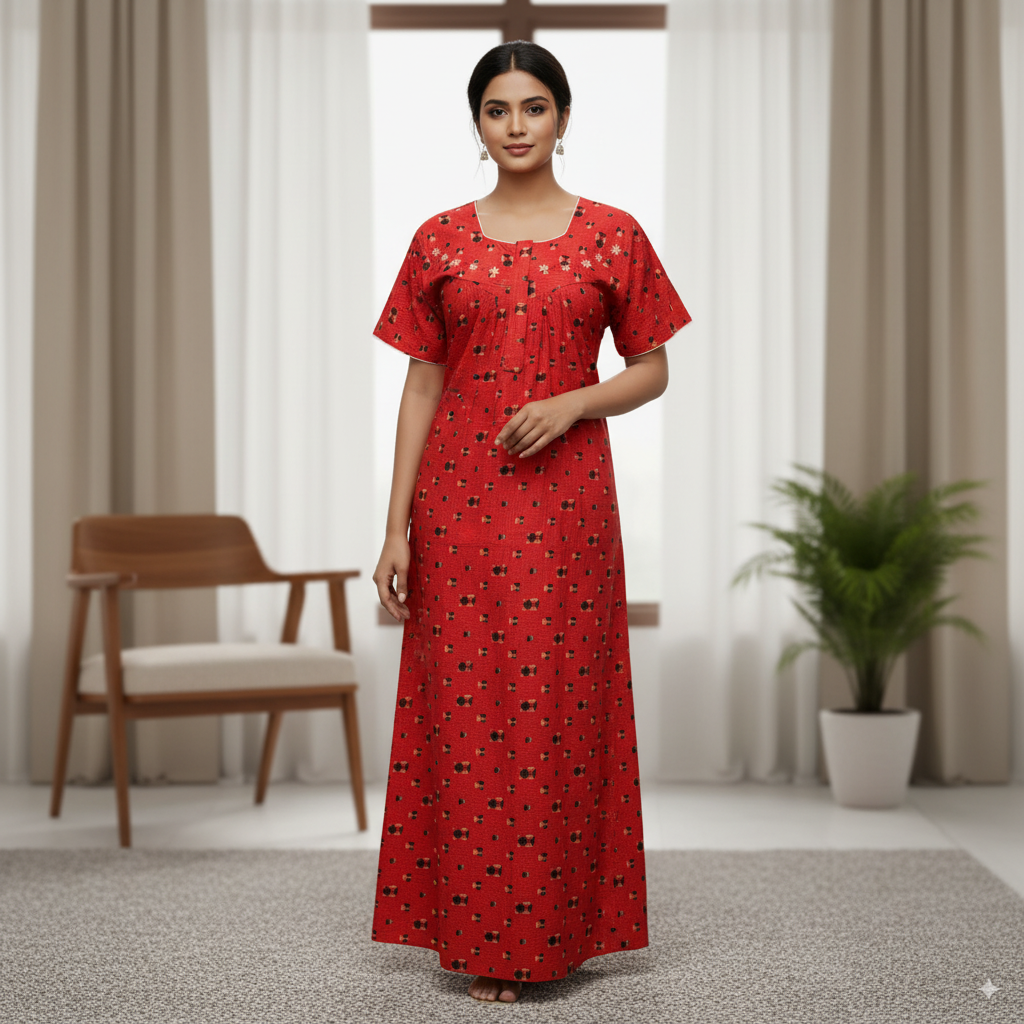 Red Cotton Nighty with Floral Embroidery and Geometric Print