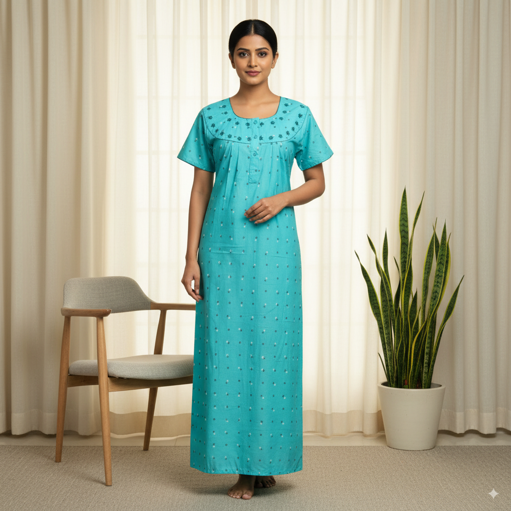 Women’s Aqua-Teal Star-Dot Nighty with Contrast Yoke & Short Sleeves