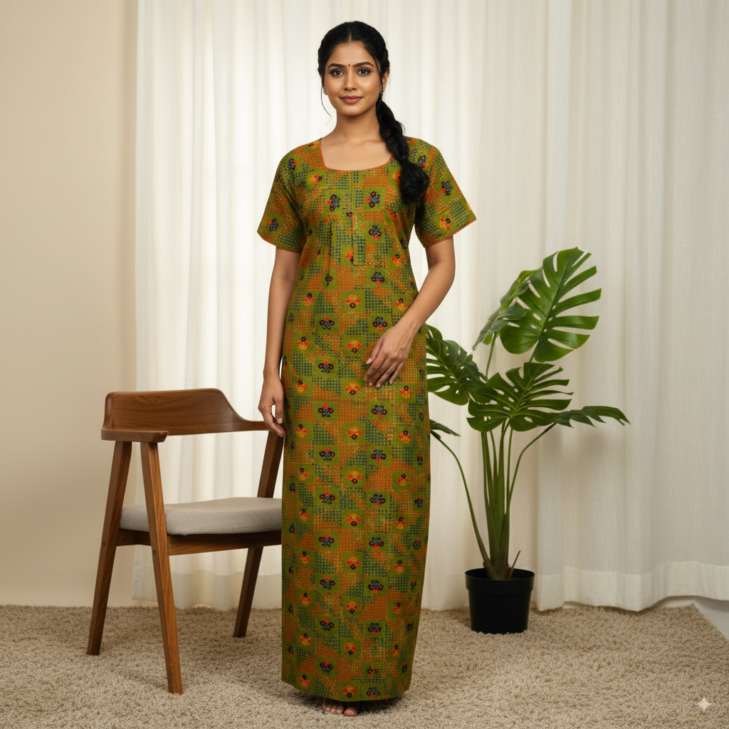 Olive Green Floral Printed Cotton Nighty
