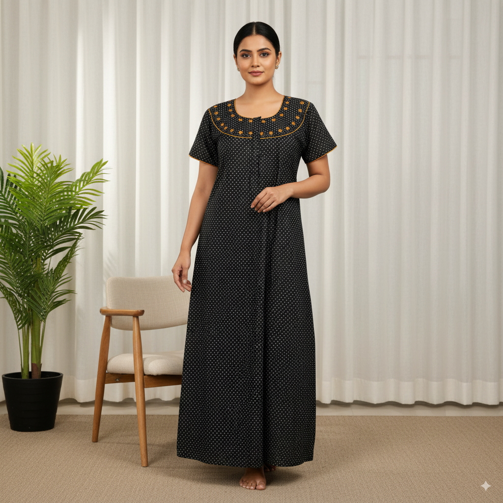 Black Cotton Nighty with Orange Floral Embroidered Neckline