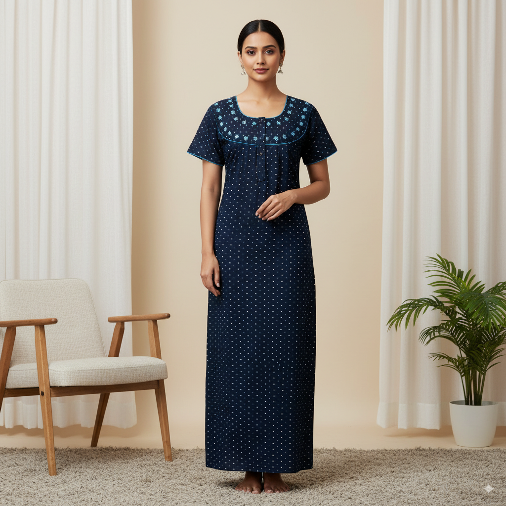 Women’s Navy Polka Nighty with Embroidered Yoke & Short Sleeves
