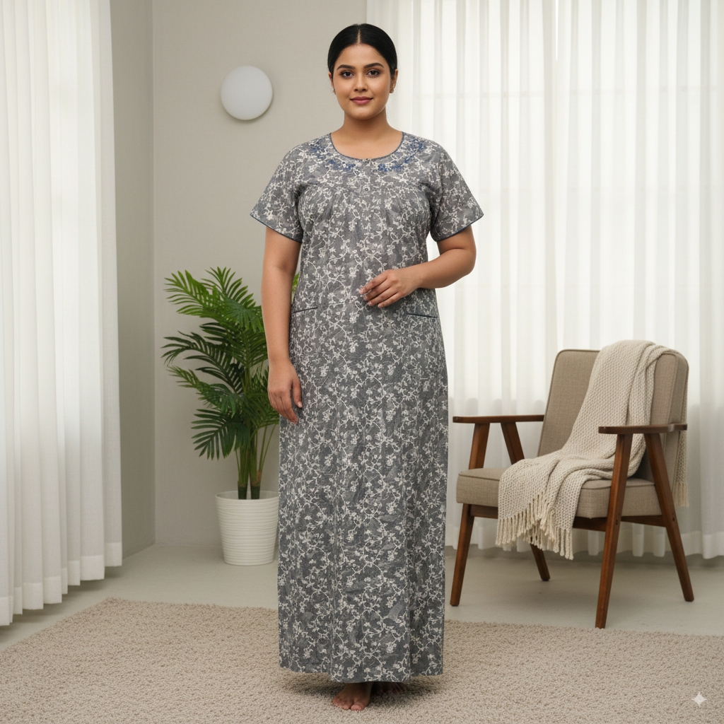 Bisilizi  Cotton Nighty – Slate Grey Floral, Round Neck, Short Sleeve