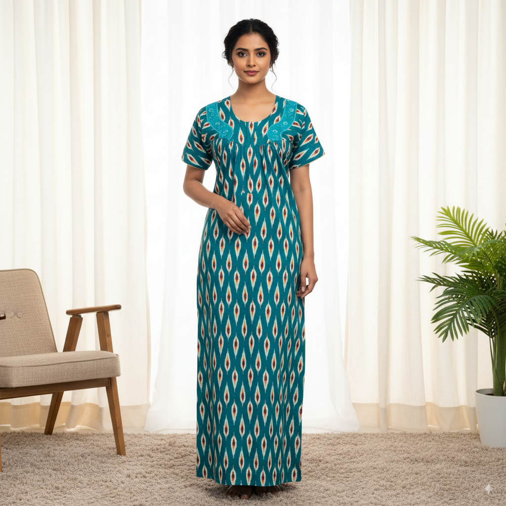 Teal Ikat Print Kaftan Nightgown with Embroidered Neckline
