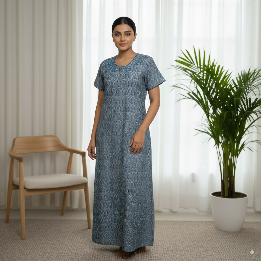 Slate Blue Geometric Printed Cotton Nighty with Embroidered Neckline