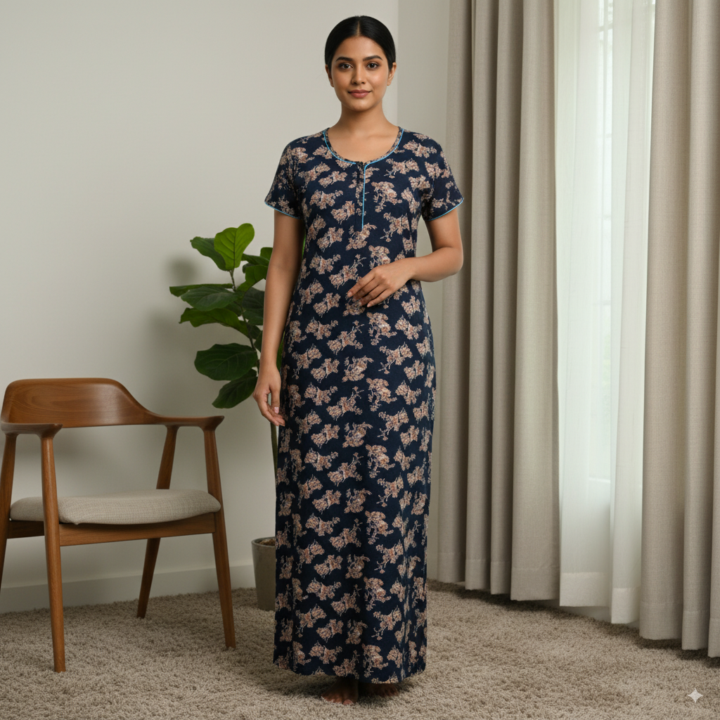 Elegant Navy Blue Floral Printed Nighty