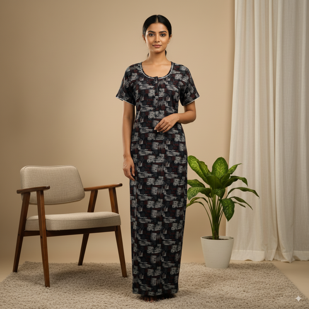 Elegant Teal Blue Printed Cotton Nighty with Front Zip