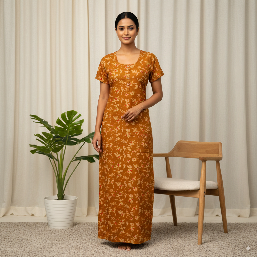 Premium Floral Printed Women’s Nighty – Mustard Brown