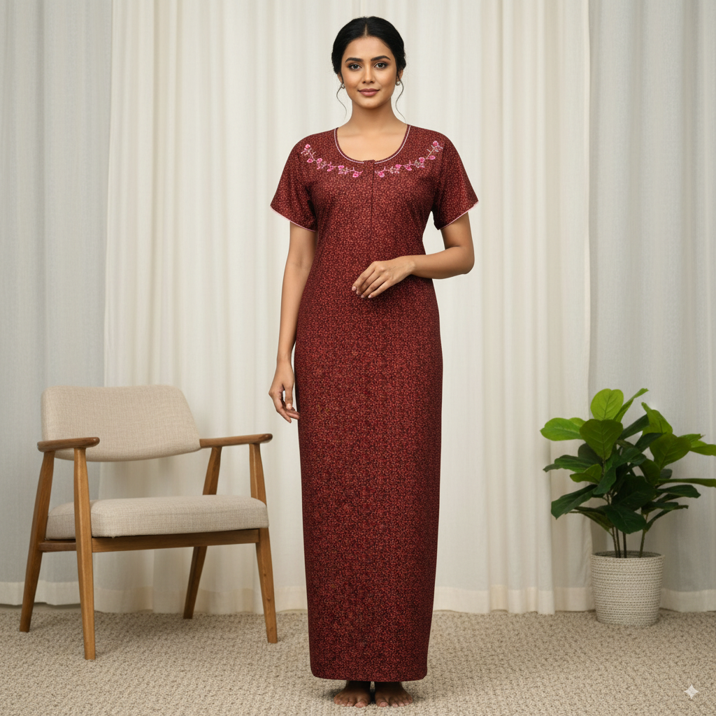 Maroon Floral Print Cotton Nighty with Pink Embroidery