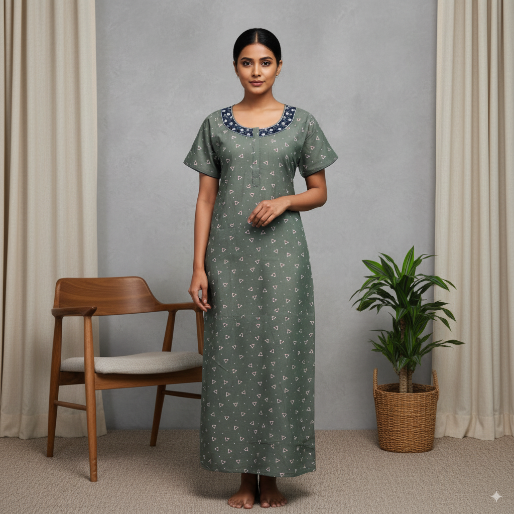 Olive Green Printed Nighty with Navy Embroidered Neckline