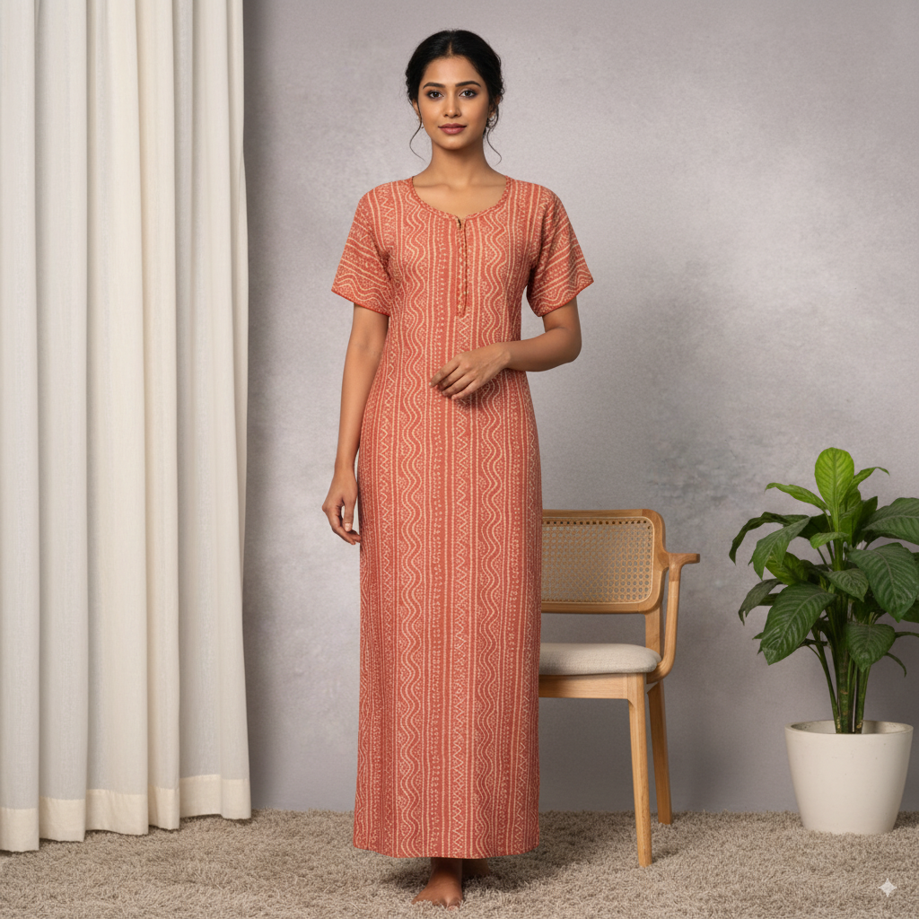 Cotton Printed Nighty – Terracotta Tribal Pattern