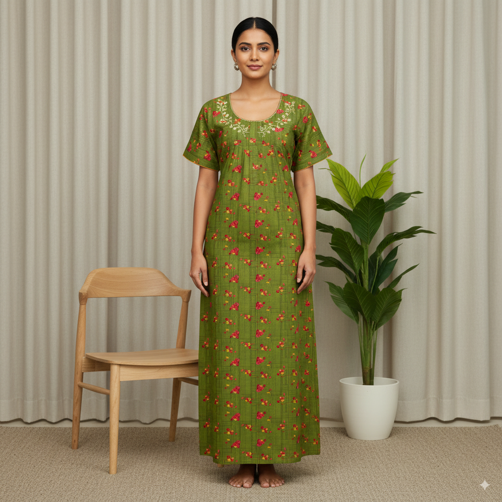Elegant Green Floral Printed Nighty with Embroidered Neckline