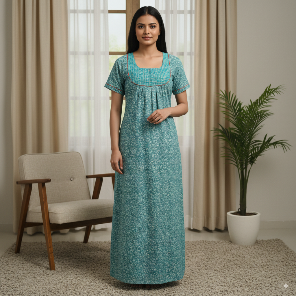 Alpine Teal Printed Cotton Nighty with Pocket