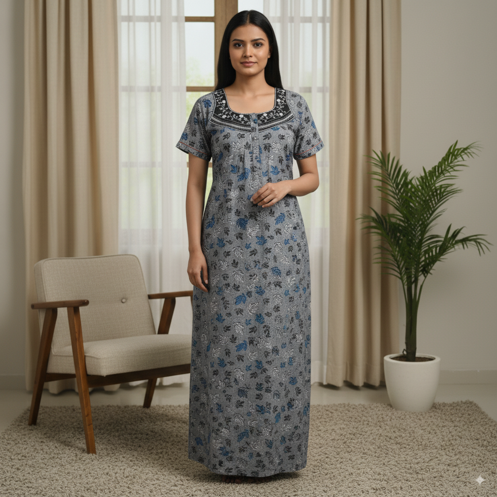 Grey Floral Printed Cotton Nighty with Black Embroidered Yoke