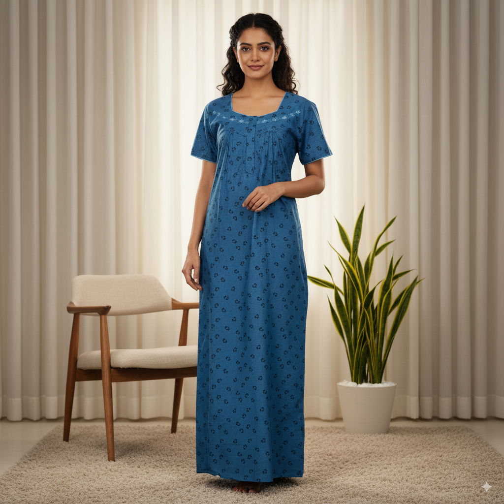 Elegant Teal Blue Cotton Nighty with Subtle Floral Prints